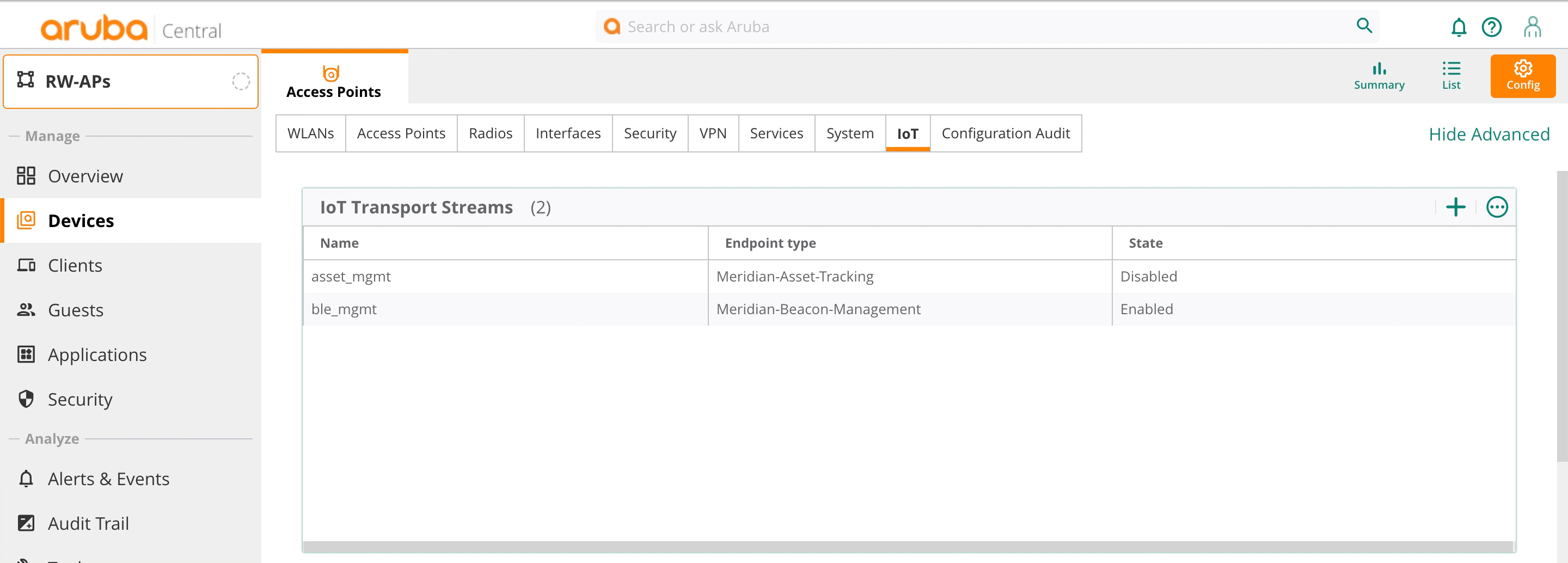 Aruba Central Meridian Beacons Management and Asset Tracking